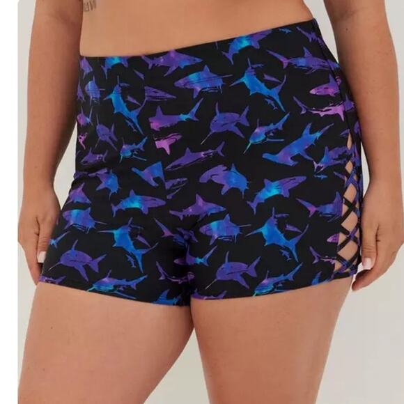 Torrid 2 (2X) Shark Print Strappy Lattice Side Bike Swim Shorts 3.5" Inseam - Picture 2 of 4